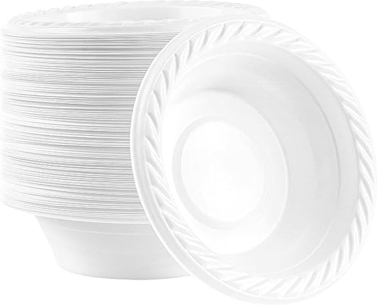 PLASTICPRO 5 ounce Round Plastic Dessert Bowls Microwaveable, Disposable, White, Dinnerware 100 Count
