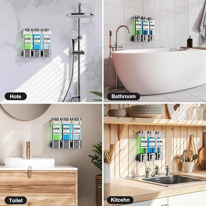 3-Chamber Wall Mounted Shampoo and Conditioner Dispenser,300ML Each Shower Soap Dispenser,Easy Refill,No Drip,Ideal for Shampoo,Conditioner,Body Wash for Bathroom Kitchen Hotel