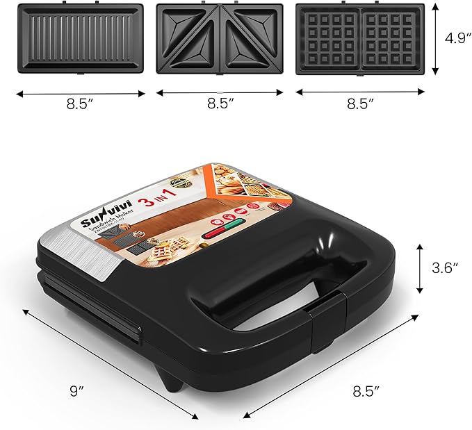 Sunvivi 3 in 1 Electric Sandwich Maker: Panini Press Grill and Waffle Iron Set, Grill and Sandwich Press with Removable Non-Stick Plates, Indicator Lights & Cool Touch Handle, 800W, Silver 1