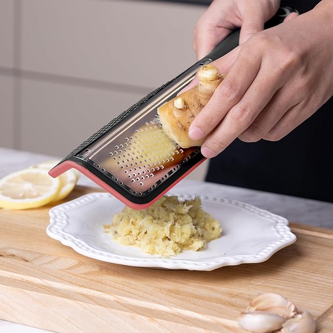 Cohesion Zester Grater for Kitchen with Double-sided - Kitchen Lemon Zester Tool for Cheese, Citrus, Garlic, Ginger, Nutmeg, Chocolate, Fruits, Vegetables with Sharp Premium Stainless Steel Blade, Red