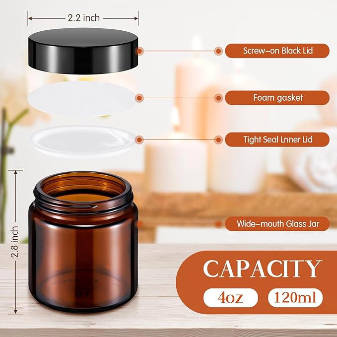 Norme 96 Pcs 4 oz Glass Jars with Lids Leakproof Round Airtight Empty Cosmetic Jars with Inner Liners Lid for Storing Lotions Powder Ointments Candle Making Tins (Black,Amber)