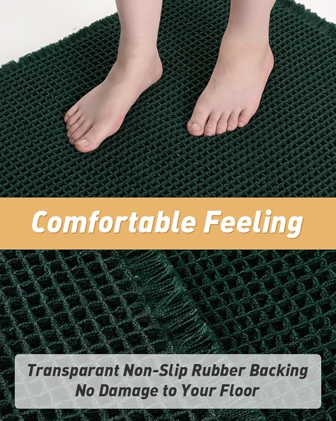 AMOAMI Upgraded Waffle Runner Rug Super Absorbent Non Slip Bath Mats for Bathroom Machine Washable Bathroom Runner Rug with Tassels, Ideal for Hallway Bedroom Laundry Room, 17" x 60", Dark Green