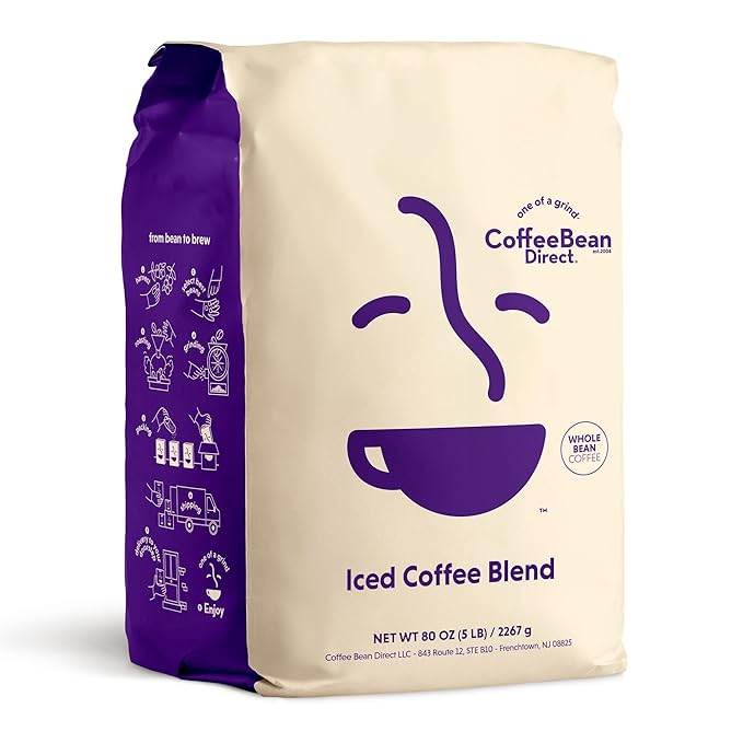 Coffee Bean Direct Iced Coffee Blend, Whole Bean Coffee, Mixed Roast Level, 5 Pound Bag (Pack of 1)
