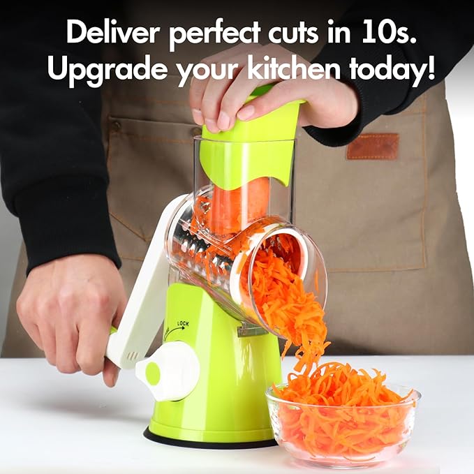 Cheese Grater Hand Crank, Rotary Vegetable Shredder with Handle and Strong Suction base, 3 in 1 Kitchen Speed Spin Veggie Slicer Nut Grinder for Pizza Top, Hash brown, Salad and More (Green)