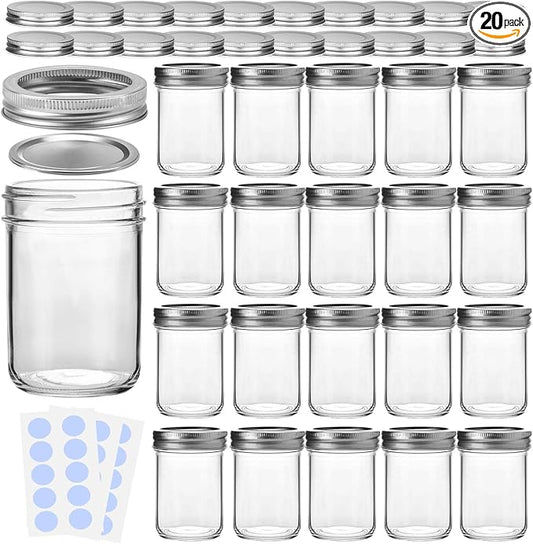KAMOTA Mason Jars, 8 oz Glass Jars With Regular Lids and Bands, Ideal for Jam, Honey, Wedding Favors, Shower Favors, DIY Magnetic Spice Jars, 20 PACK, Extra 20 Lids & 30 Whiteboard Labels
