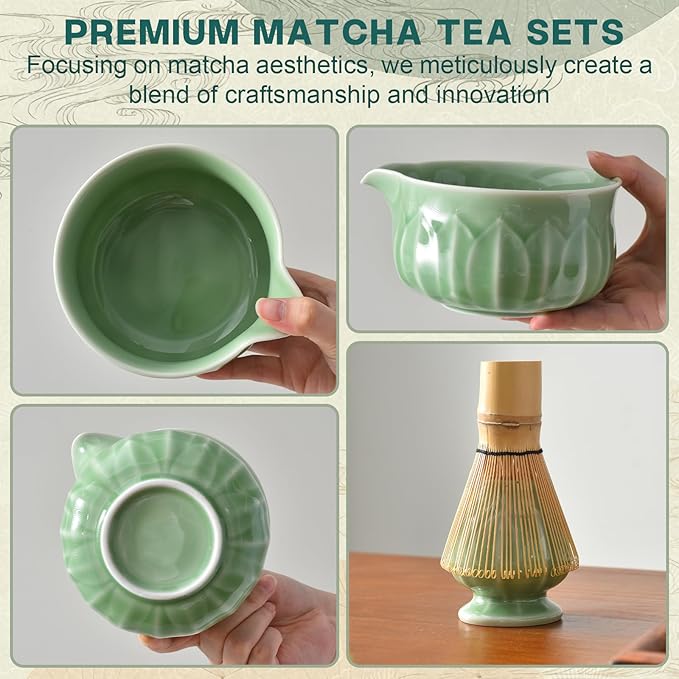 ZentButCool Matcha Set Includes Ceramic Matcha Bowl, Bamboo Whisk (Chasen), Scoop, Stainless Steel Matcha Sifter, And Whisk Holder (White)