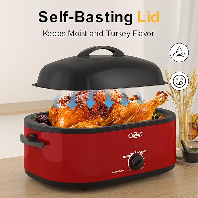 Roaster Oven, Electric Roaster Oven with Viewing Lid, Large Roaster with Removable Pan & Rack, Turkey Roaster with Unique Defrost/Warm Function, Stainless Steel, Red, 22QT