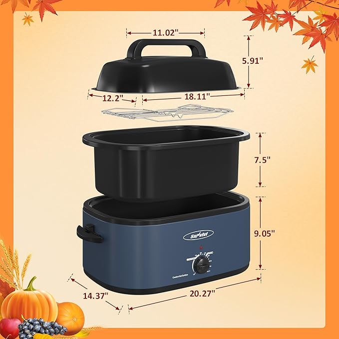 Sunvivi Electric Roaster, 28-Quart Electric Roaster Oven featuring a Glass Lid, Ideal for Turkey Roasting with Self-Basting Cover, Detachable Pan, Cool-Touch Handles, Blue