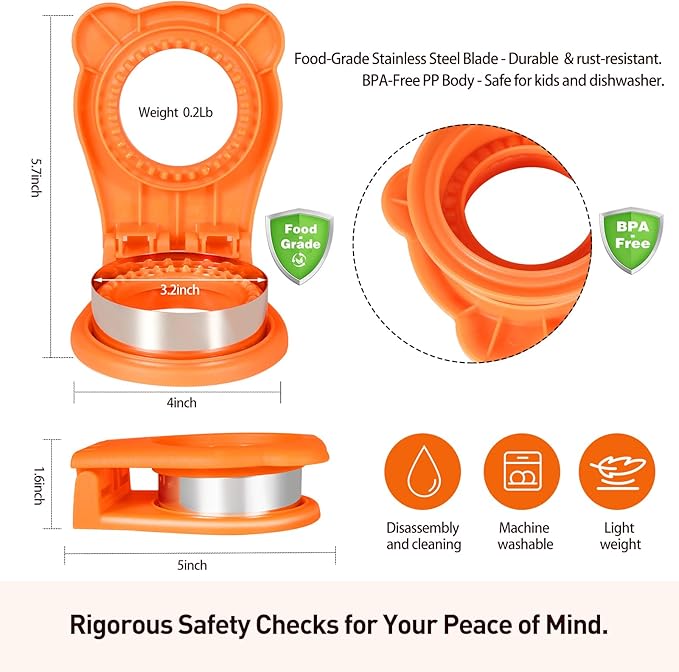 Leak-Proof & BPA-FreeSandwich Cutter and Sealer for PB&J, Round Crustless Kitchen Tool, Kids Lunch Snacks Maker for Biscuit & Cookie Dough, Orange