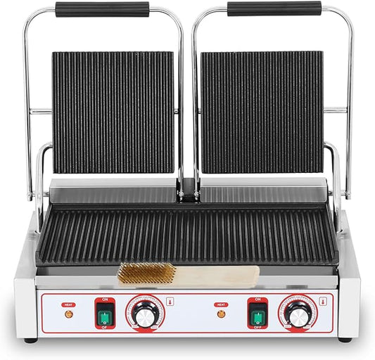 Commercial Panini Grill Grooved Press Sandwich Maker Industrial Panini Machine Single Grill Big (Double Ribbed Panini Press Grill)