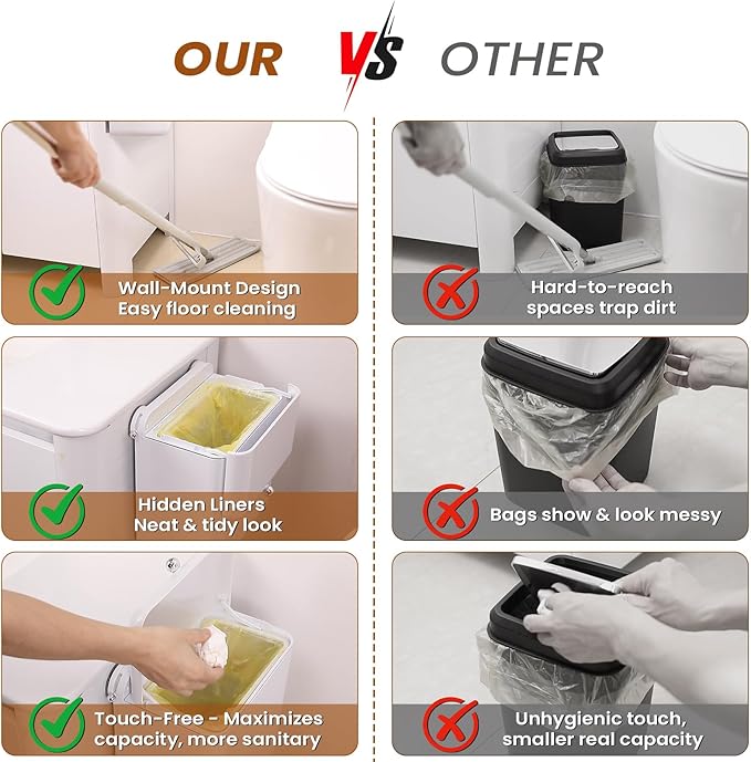 7-Piece White Bathroom Set with Suction Wall Trash Can - Space Saving Organizer Kit with Toilet Brush Holder, Liquid & Foam Soap Dispenser, Toothbrush Holder & Soap Dish for Bathroom Kitchen