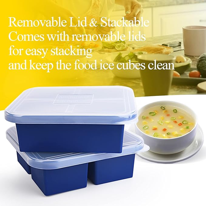 1 Cup Silicone Freezer Molds 2 Pack Silicone Freezer Tray with Lid Make 8 Perfect 1-Cup Portions - Easy Release Molds for Food Storage & Freeze Soup, Broth, Stew or Sauce