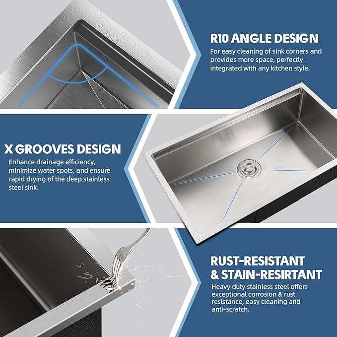 30"x19" Undermount Kitchen Sink, 16 Gauge Single Bowl Stainless Steel Kitchen Sink with Nano Coating & Brushed Finish, Modern Single Bowl with Ledge and Accessories
