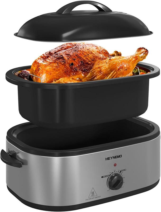Roaster Oven 20 Quart, Electric Turkey Roaster Oven with Self-Basting Lid, Removable Pan and Rack, Full-Range Temperature, Powerful 1450W, Stainless Steel, Silver