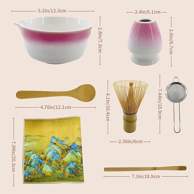 Matcha Whisk Set,7-Pcs Matcha Making Kit with Matcha Bowl,Whisk,Chasen Holder, Sifter, Tea Towel,Measuring Spoon,Bamboo Scoop,Ceremony Matcha Set Lovers Gift(Pink)