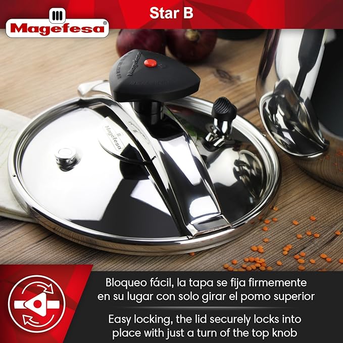 MAGEFESA Star Belly Pressure Cooker 8.4 Qt – 18/10 Stainless Steel, Rounded Bottom, 3 Safety Systems, Works on All Stovetops Including Induction, 8 PSI