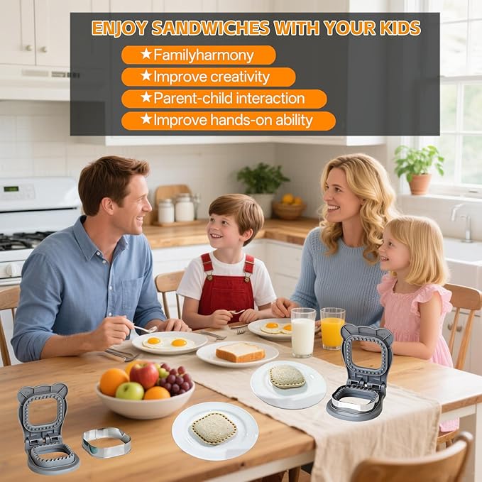 Sandwich Cutter and Sealer - 3.7" Circle & Square Pocket Sandwich Maker, Intuitive & Easy-to-Use for Boys &Girls, Perfect for Breakfast & Lunchboxes (Gray, Square)
