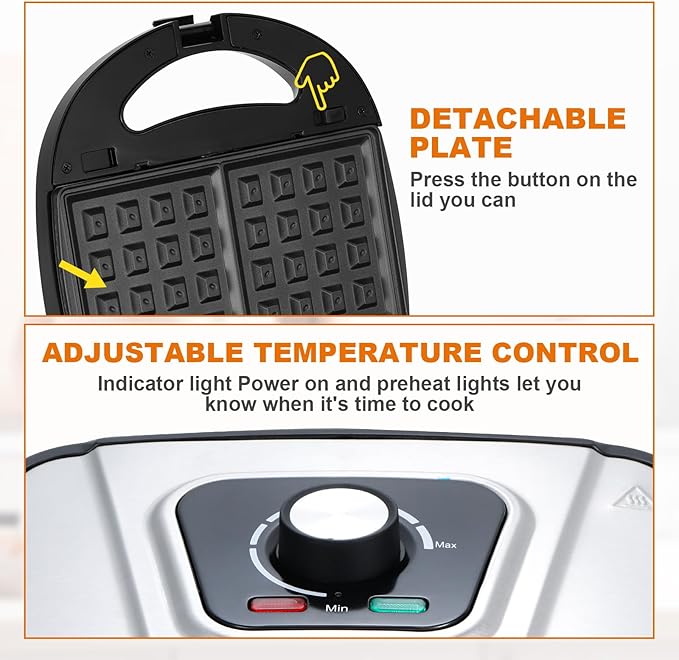 3-in-1 Mini Waffle Maker with Non-Stick Plates, Electric Sandwich Maker, Mini Donut Maker, Breakfast Sandwich Maker Press with Removable Plates, Compact Design & Adjustable Temperature Knob
