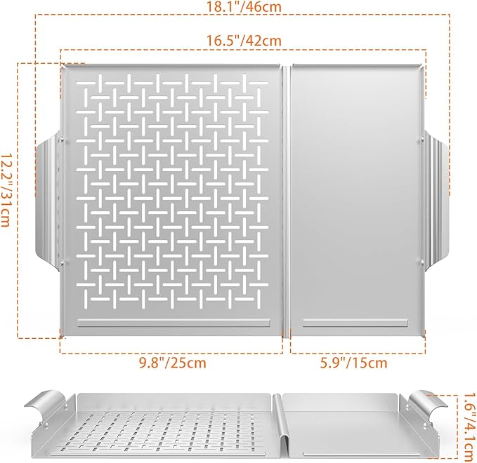 Onlyfire BBQ Grill Tray, Stainless Steel Grill Topper Grill Pan with Holes and Handle for Grilling Veggies, Meat & Seafood, Outdoor Flat Top Grilling Basket for Any Grills