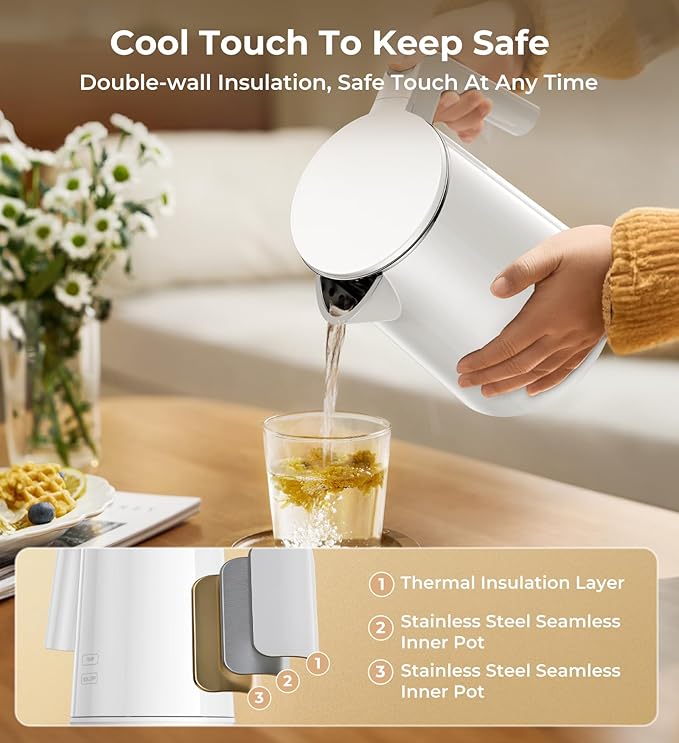 Electric Kettle, 1.0L 1200W Fast Heat with Auto Shut-Off, Boil-Dry Proof, 7 Temperature Control Teapot, Double Wall Stainless Steel Water Boiler Heater, 4H Keep Warm, Cool Touch Coffee Tea Pot, White