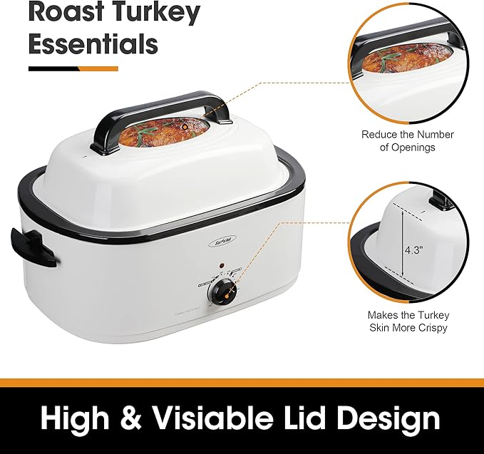 Roaster Oven, Electric Roaster Oven with Viewing Lid, Large Roaster with Removable Pan & Rack, Turkey Roaster with Unique Defrost/Warm Function, Stainless Steel, Sliver, 24QT