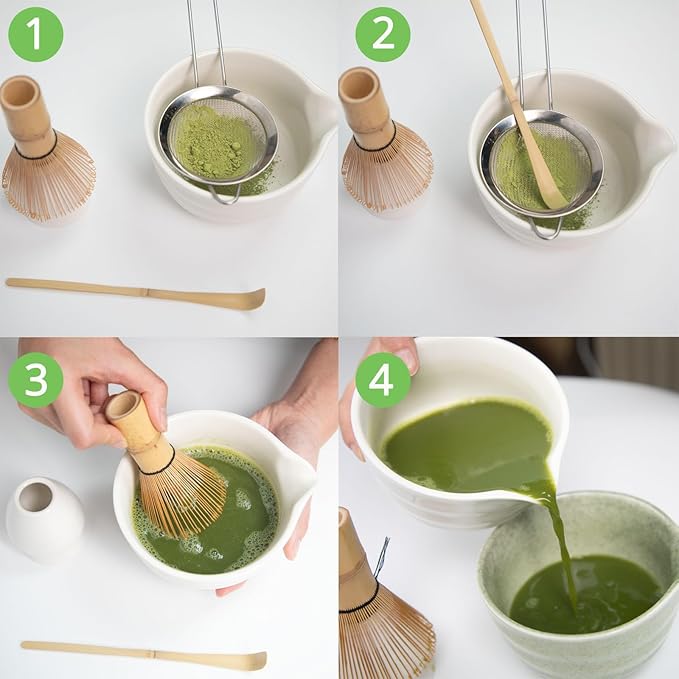 Matcha Whisk Set, White Matcha Kit with Bowl, Whisk, Bamboo Scoop, Scoop Rest, Sifter - 5 Pcs Kit for Lover