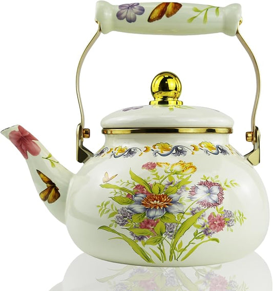 Floral Enamel Tea Kettle Vintage Teapot Colorful Boho Hot Water Bohemian Plant Flowers Print Coffee Kettle Pot 2.5L Porcelain Tea Pot for Stovetop Kitchen Decor