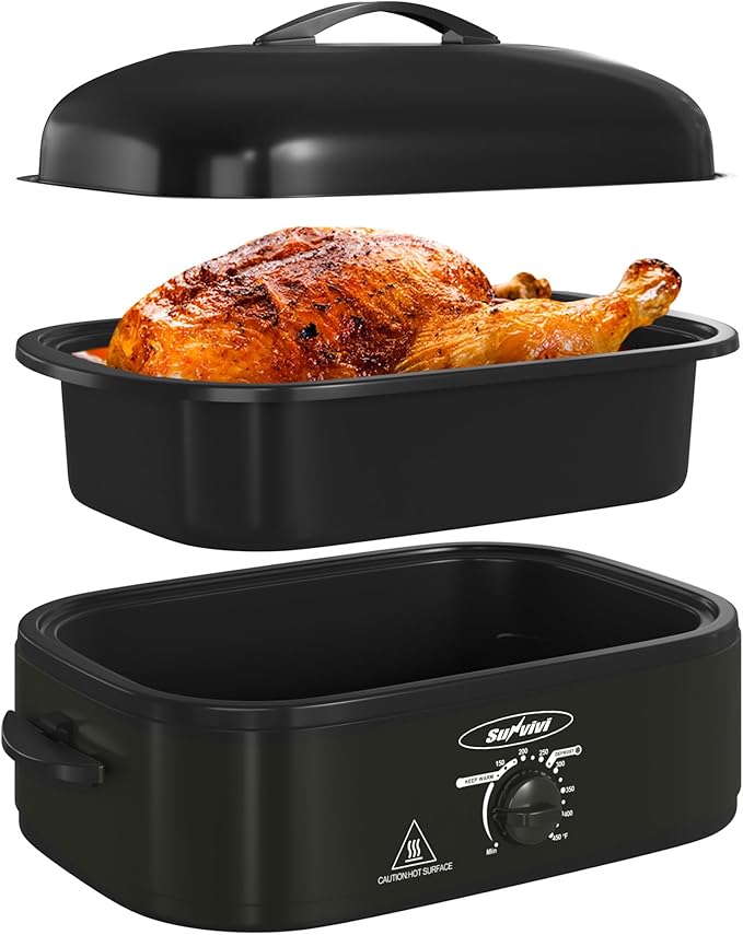 14-Quart Electric Roaster Oven with Self-Basting Lid, Turkey Roaster Oven with Removable Pan and Rack, Stainless Steel, Black, 14 QT