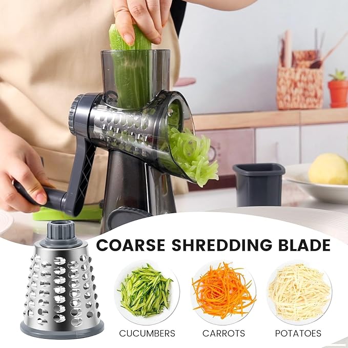 HANSGO Rotary Cheese Grater, Hand Crank Cheese Shredder for Fresh Cheeses, Vegetable, Nuts, Safe Kitchen Tool, Non-slip Suction Base, Labor-Saving Handle, Cleaning Brush, Three Blades