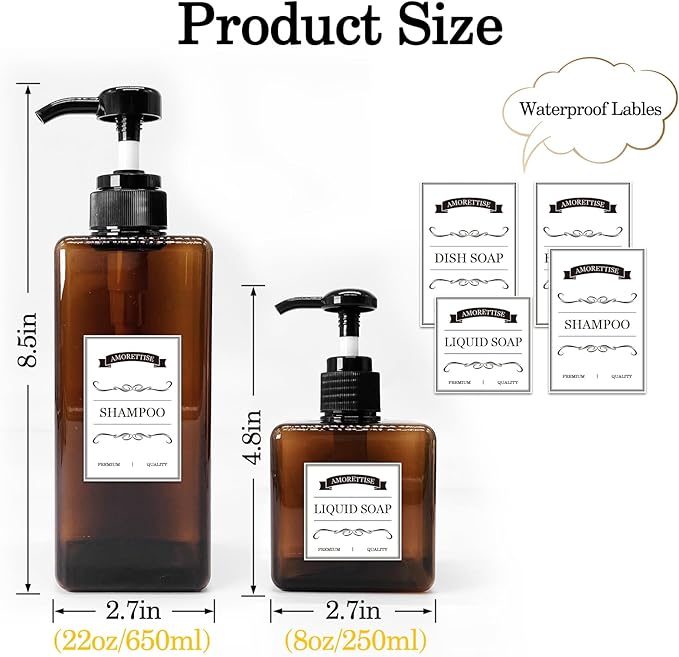 12 Pack Shampoo and Conditioner Dispenser Bottles, 8 Pack 22 Oz and 4 Pack 8 Oz Refillable Square Plastic Pump Bottles, Shower Soap Dispenser for Shampoo Conditioner Body Wash (Amber)
