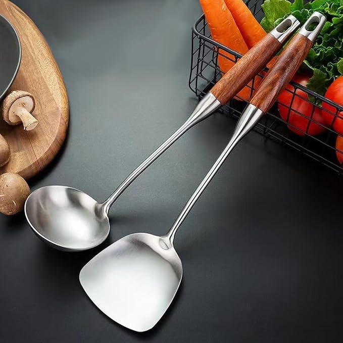 IQCWOOD Chinese Wok Spatula, 15.7’’ Stainless Steel Spatula with Wooden Handle, Ideal Kitchen Gift for Mother and Grandma, Kitchen Utensils Set for Cooking, Frying, Baking