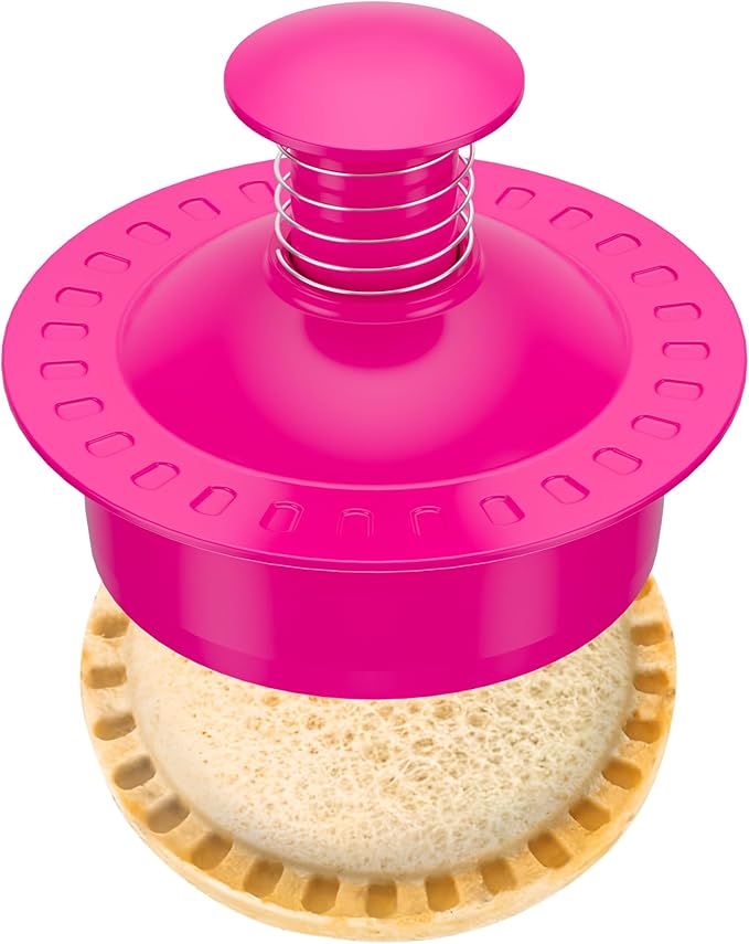 Sandwich Cutter and Sealer Round Cut and Seal Sandwich Maker, Crustless Peanut Butter & Jelly Sandwich Cookie Cutter-Pink Round