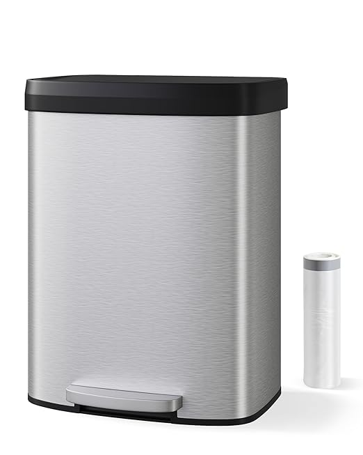 Garvee 16 gal / 60 L Stainless Steel Trash Can with Lid, Large Garbage Can for Kitchen, Rustproof Step-on Kitchen Metal Trash Bin with Liner Rim, Rear Handle, Soft Close Plastic Lid, Silver