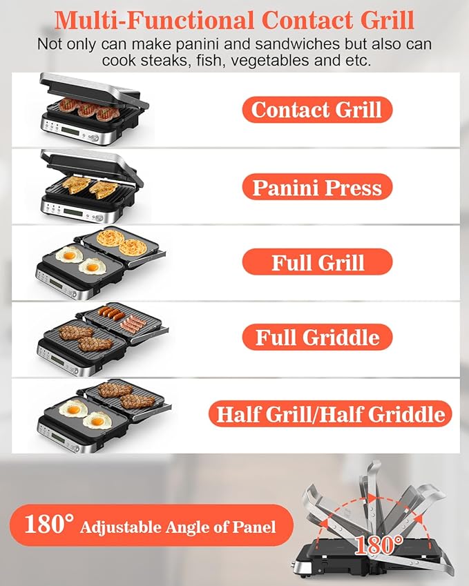 Panini Press Grill Sandwich Maker with Removable Plates, 5 in 1 Smokeless Indoor Grill & Griddle with Meat Thermometer, CATTLEMAN CUISINE Electric Contact Grills for Kitchen, Stainless Steel, 1600W