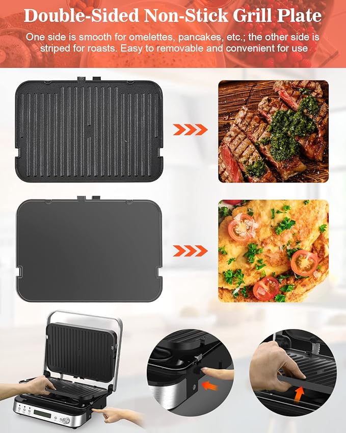 Panini Press Grill Sandwich Maker with Removable Plates, 5 in 1 Smokeless Indoor Grill & Griddle with Meat Thermometer, CATTLEMAN CUISINE Electric Contact Grills for Kitchen, Stainless Steel, 1600W