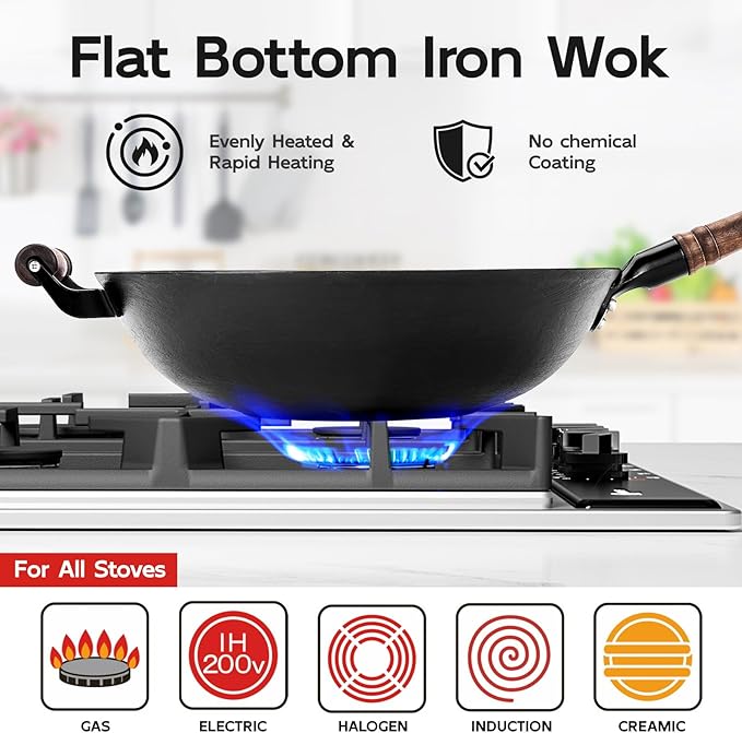 WANGYUANJI Traditional Iron Wok,13.4" Flat Bottom Wok – Chemical-Free Carbon Steel with Stainless Steel Spatula