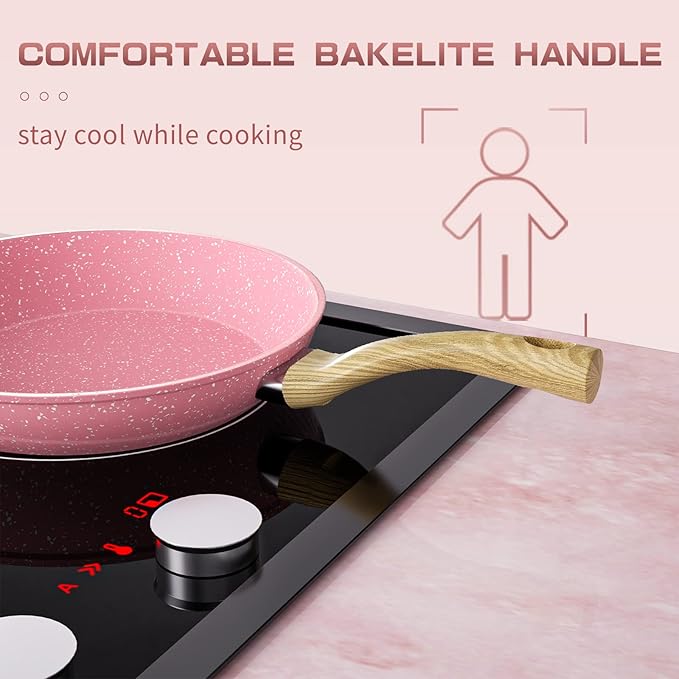 Frying Pan Nonstick, 9.5 Inch Pink Egg Pan, Non Stick Fry Pan 100% PTFE PFOA-Free Omelet Skillet Pan, Toxin-Free Skillets Stone Cookware, Anti-Warp Base with All Stove Tops, Induction Compatible
