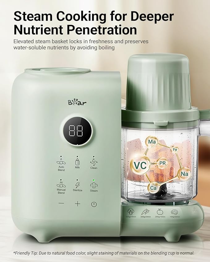 Bear Baby Food Maker with Two Layer Steam Baskets, One Step Baby Food Processor Steamer Puree Blender, Baby Food Mill with Bottle Warming Sterili-zing Auto Cleaning Function, BPA-Free