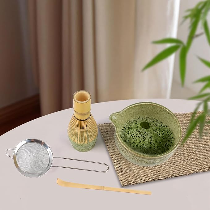 Japanese Matcha Whisk Set, 5-Piece Traditional Chasen & Chawan Bowl Kit with Bamboo Whisk, Scoop, Strainer, Complete Ceramic Set for Matcha Making at Home