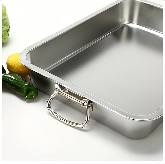 Generic Roasting Pan Stainless steel Roasting pan Turkey Roasting pan with grill Rectangular grill suitable for Turkey, roast chicken and ham (17.5x13.6x2.8in), Silver
