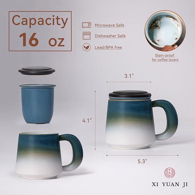 Tea Cup with Infuser and Lid 16oz - Kiln-Transformed Ceramic Mug with Blue-White Gradient, Large Grip Handle Loose Leaf Tea Set, Anniversary Birthday Gift