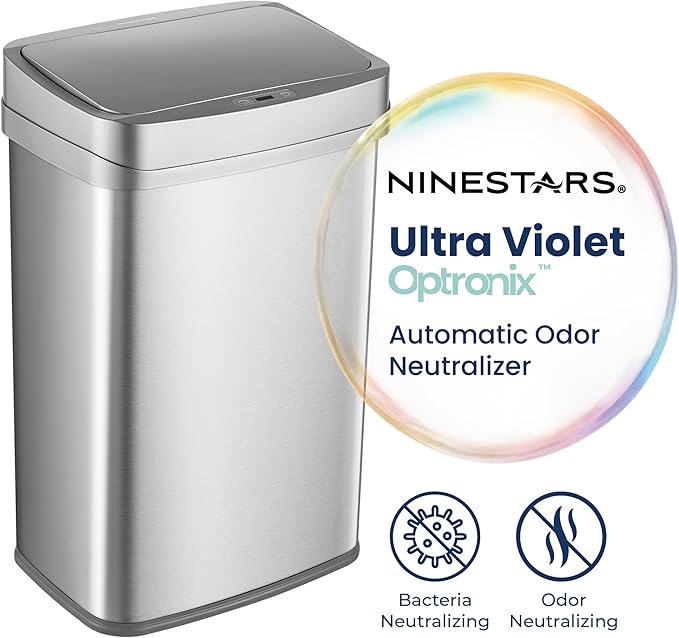 Ninestars 13 Gallon Odor Neutralizing Smart Trash Can, UV + Ozone Dual Purification, Odor Control Motion Sensor Garbage Bin, Universal Power Adapter, ONT-50-81SL Stainless Steel, Silver, Nova Series