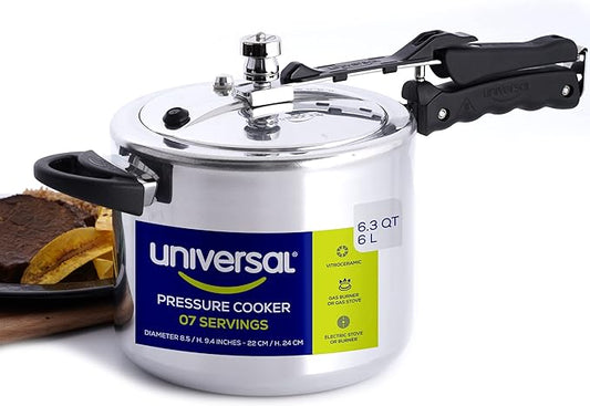 Universal (6.3 Quart / 6 Liter) Pressure Cooker, 7 Servings, Aluminum Pressure Cooker With Multiple Safety Systems and Heat Resistant Handles For Stews, Soup, Meat, and Beans