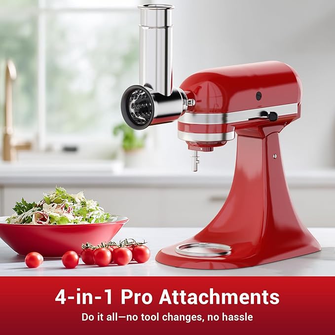 Stainless Steel Slicer Shredder Attachment for KitchenAid Stand Mixers, Cheese Grater Attachment For Kitchenaid, Salad Maker, Grinding Powder, Dishwasher Safe with 4 Blades
