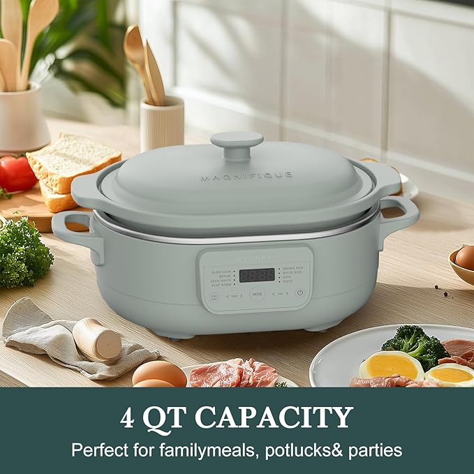 MAGNIFIQUE 4 Quart Claypot Multi-Cooker, with 8-in-1 Casserole Programmable Slow Cooker, Dutch Oven, Pasta, Nonstick Oven Safe Pot to 450°F, Olive