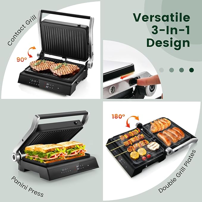 ARLIME 3 in 1 Panini Grill Press Sandwich Maker, 180 Degrees w/5 Auto Cooking Modes & LED Display, 1200W Electric Indoor Grill with Removable Plates & Drip Tray, Panini Press Grill for Breakfast