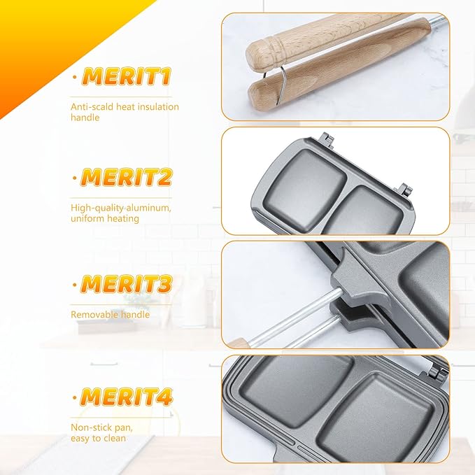 Double-Sided Nonstick Sandwich Maker, Flip Grill Pan for Breakfast, Pancakes, Omelets, Frittatas, Toast (Silver, 30.5*14.2*4.2cm)