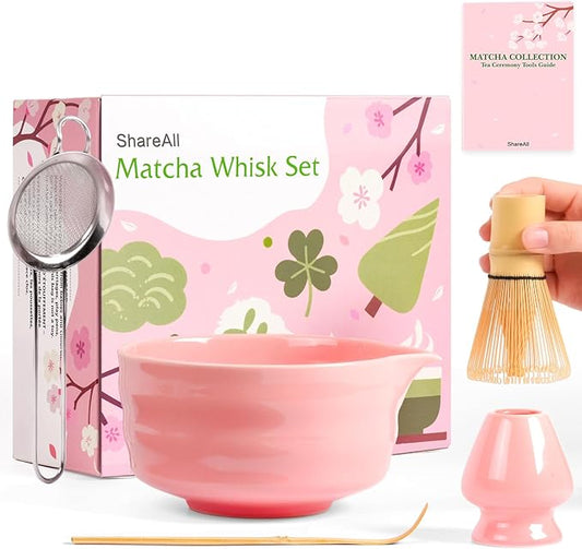 Matcha Whisk Set - 5Pcs Japanese Tea Set Includes Ceramic Matcha Bowl with Spout, Bamboo Whisk with Holder, Scoop and Sifter, Essential Matcha Kit for Tea Ceremony, Gift for Beginners (Pink)