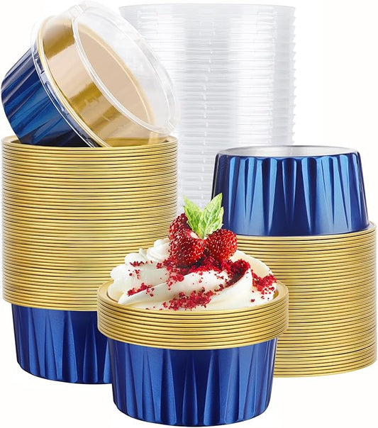 EUSOAR Aluminum Foil Baking Cups with Lids, Royal Blue 100pcs 5oz Creme Brulee Ramekins Disposable, Muffin Liners Cups，Mini Cheesecake Foil Pans Dessert Containers with Lids for Party Favor Birthday