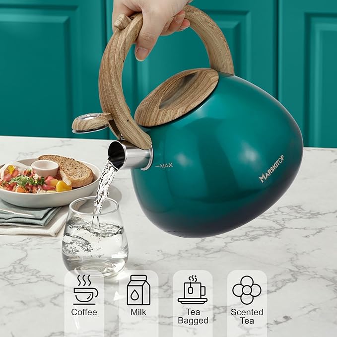 MARSKITOP Tea Kettle Teapot for Stovetop, 2.6 Quart Stainless Steel Tea Pot for Stove, Stove Top Whistling Tea Kettle with Anti-Hot Handle, Suitable for All Heat Sources, Green